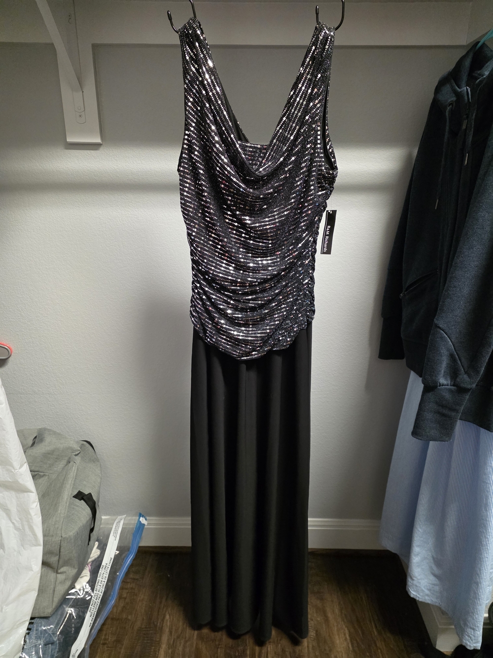 R&M Richards Black Sequin Draped-Front Evening Gown